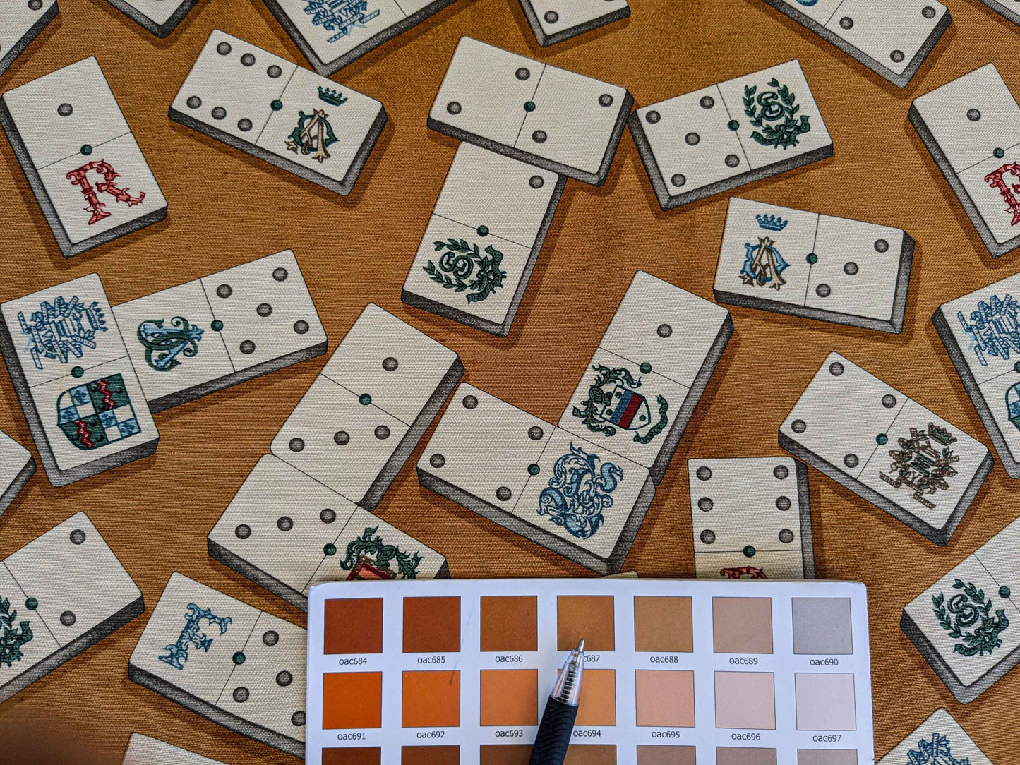 by yard Scalamandre Domino Game Crest Print Brown Mustard Gold White Art Deco Historic