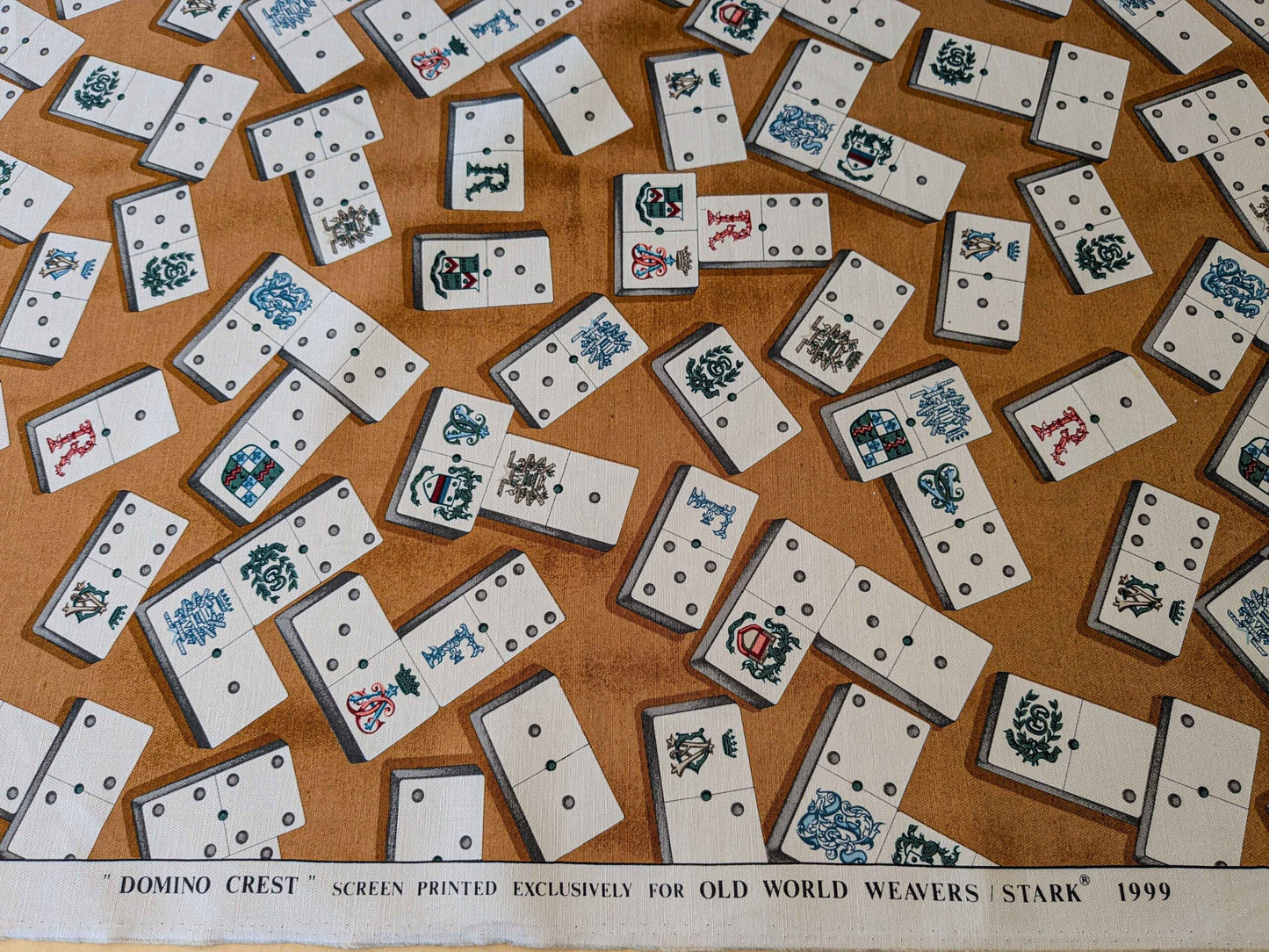 by yard Scalamandre Domino Game Crest Print Brown Mustard Gold White Art Deco Historic