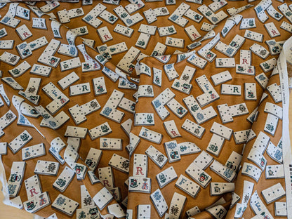 by yard Scalamandre Domino Game Crest Print Brown Mustard Gold White Art Deco Historic