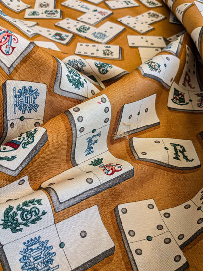 by yard Scalamandre Domino Game Crest Print Brown Mustard Gold White Art Deco Historic