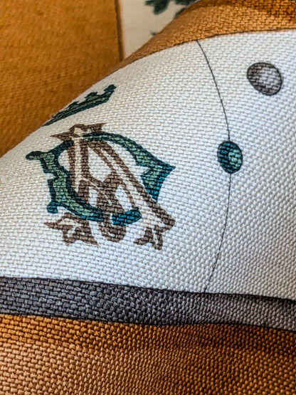 by yard Scalamandre Domino Game Crest Print Brown Mustard Gold White Art Deco Historic