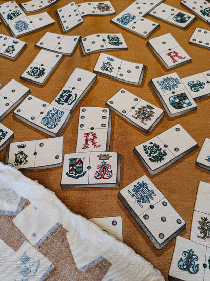 by yard Scalamandre Domino Game Crest Print Brown Mustard Gold White Art Deco Historic
