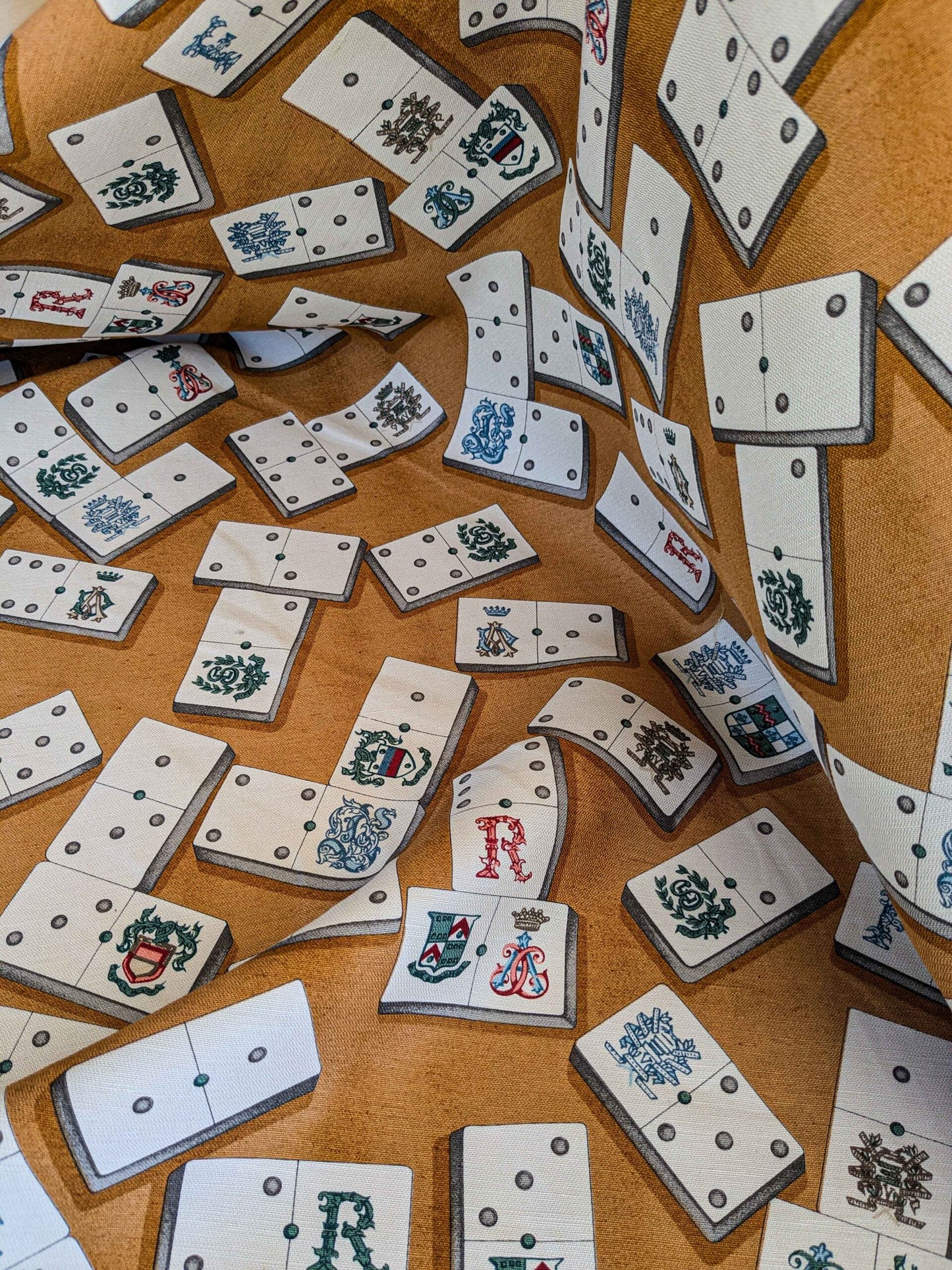 by yard Scalamandre Domino Game Crest Print Brown Mustard Gold White Art Deco Historic