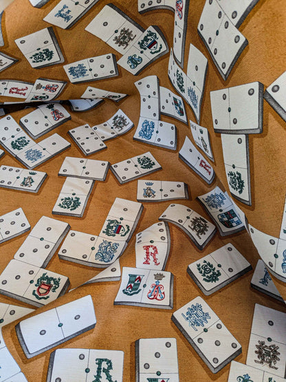 by yard Scalamandre Domino Game Crest Print Brown Mustard Gold White Art Deco Historic