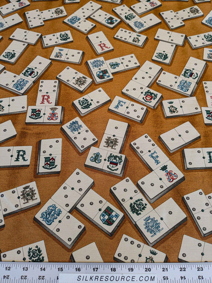 by yard Scalamandre Domino Game Crest Print Brown Mustard Gold White Art Deco Historic