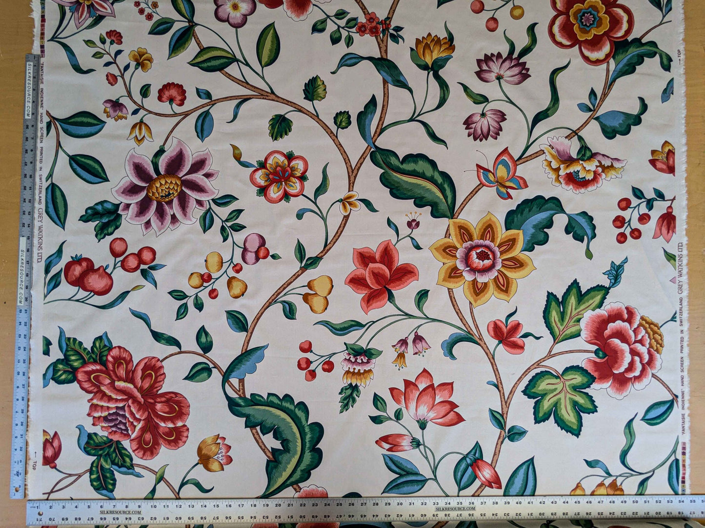 by yard Scalamandre Fantasie Indiene Flowers Butterfly Chinoiserie Botanical Floral Tree Foliage Large Pattern White Red Green Brown