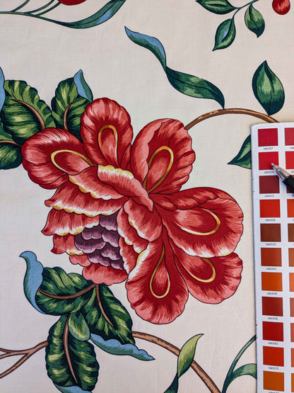 by yard Scalamandre Fantasie Indiene Flowers Butterfly Chinoiserie Botanical Floral Tree Foliage Large Pattern White Red Green Brown