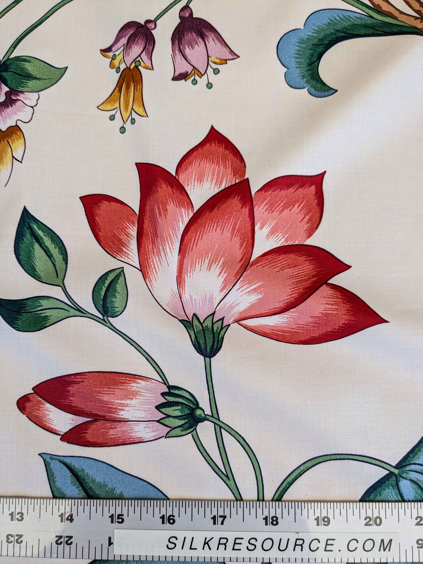 by yard Scalamandre Fantasie Indiene Flowers Butterfly Chinoiserie Botanical Floral Tree Foliage Large Pattern White Red Green Brown