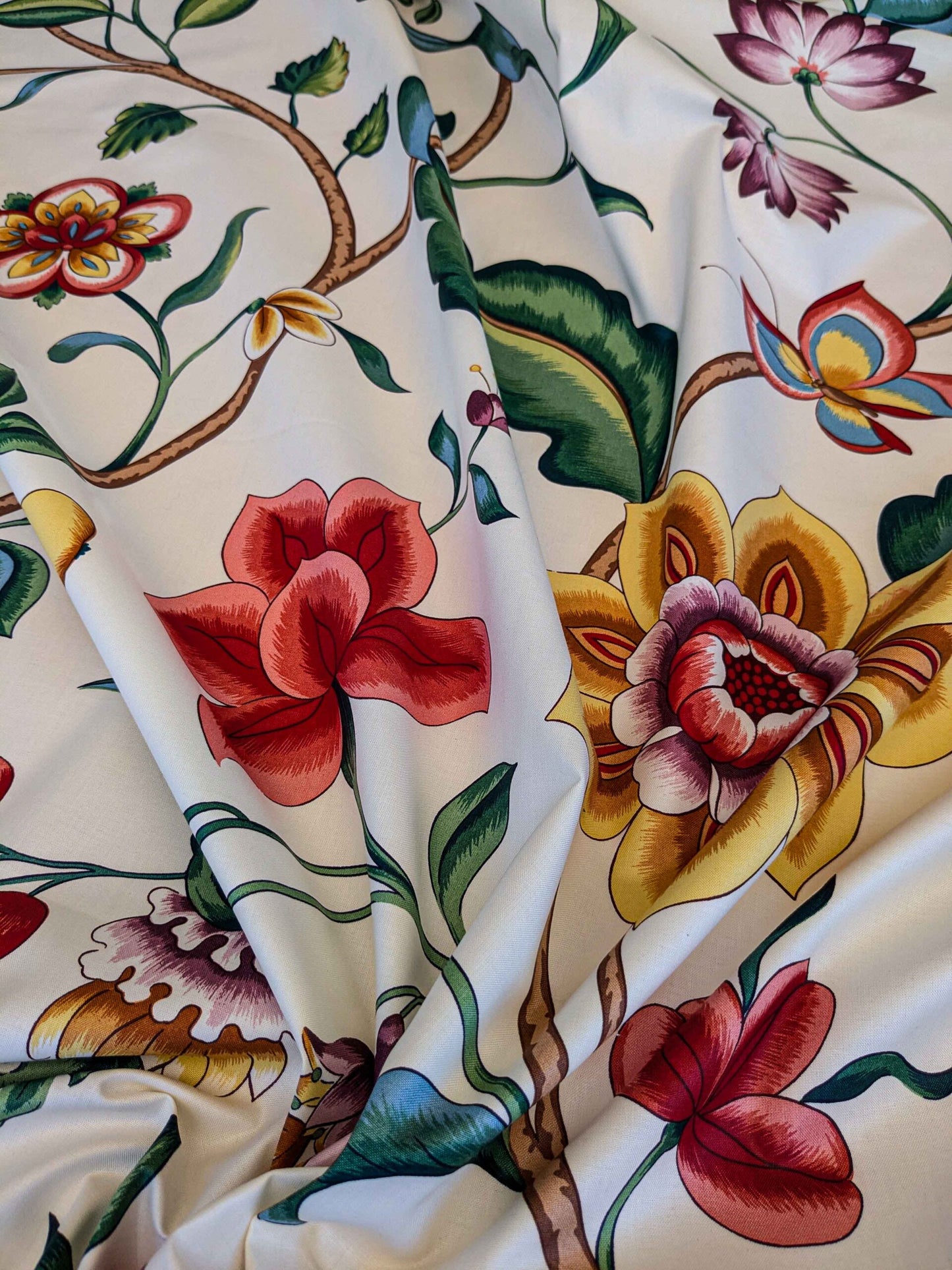 by yard Scalamandre Fantasie Indiene Flowers Butterfly Chinoiserie Botanical Floral Tree Foliage Large Pattern White Red Green Brown