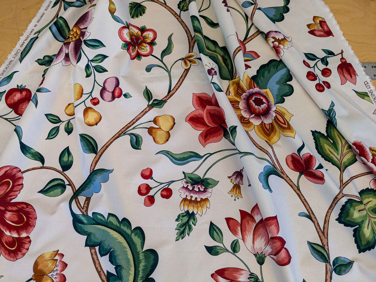 by yard Scalamandre Fantasie Indiene Flowers Butterfly Chinoiserie Botanical Floral Tree Foliage Large Pattern White Red Green Brown