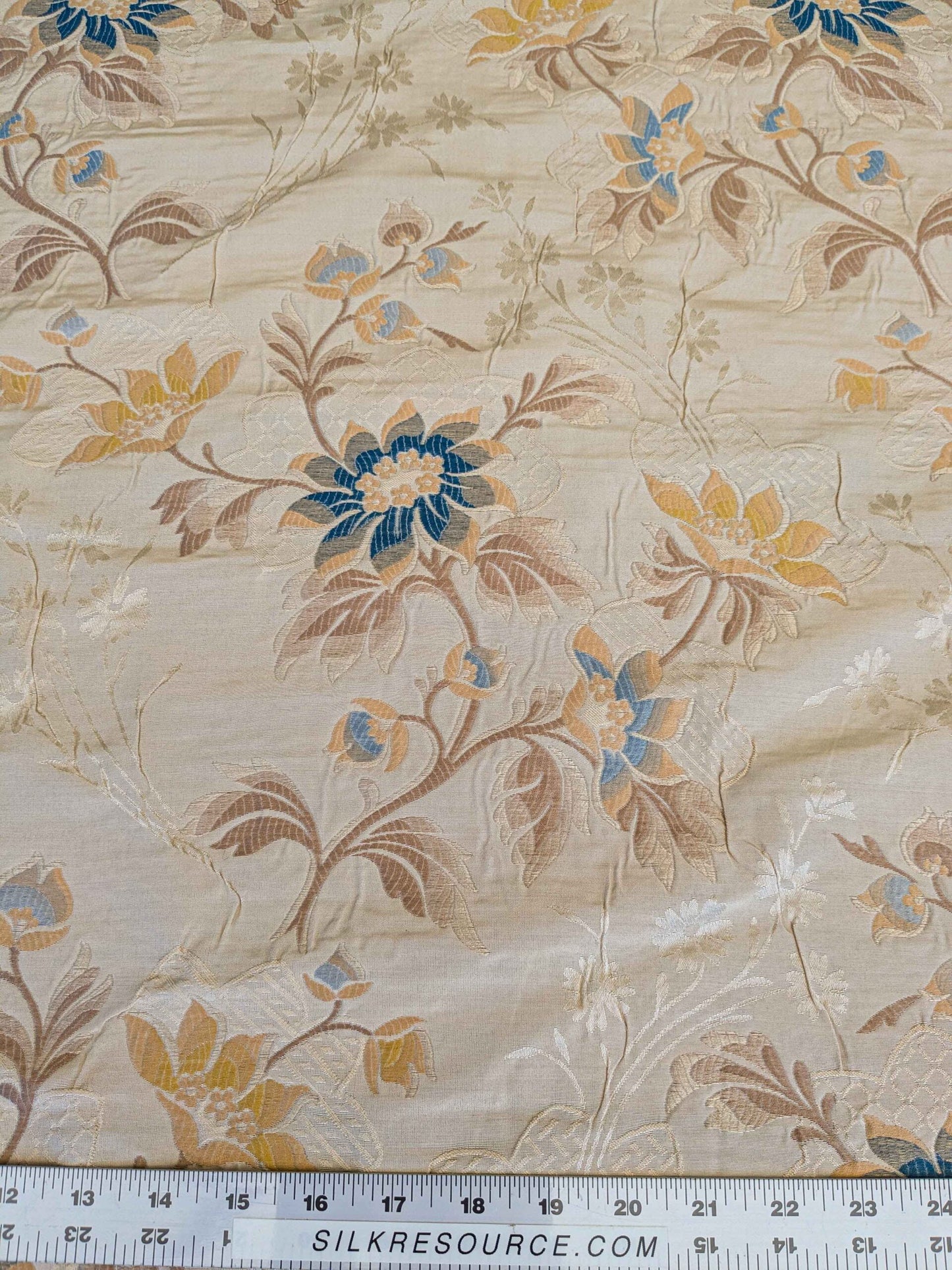 by yard Scalamandre Beige Blue Botanical Brown Grace Rose over Daisy Field Lampas