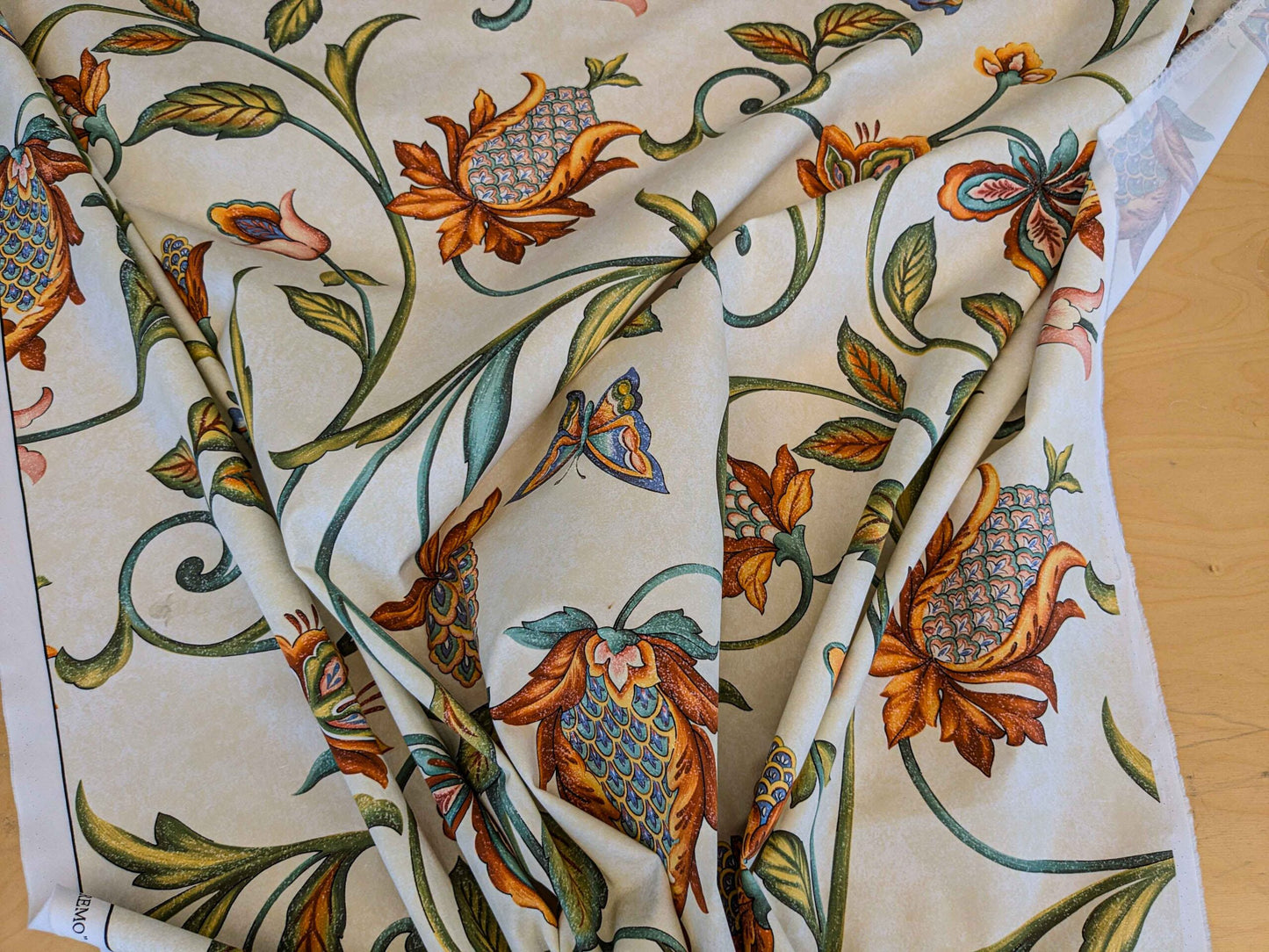 by yard Scalamandre Sanremo Botanical Floral Tree Foliage Butterfly Green Brown on White Cream