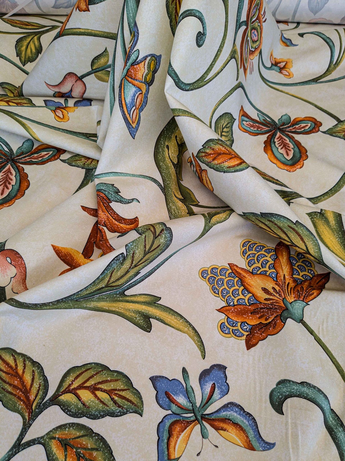 by yard Scalamandre Sanremo Botanical Floral Tree Foliage Butterfly Green Brown on White Cream