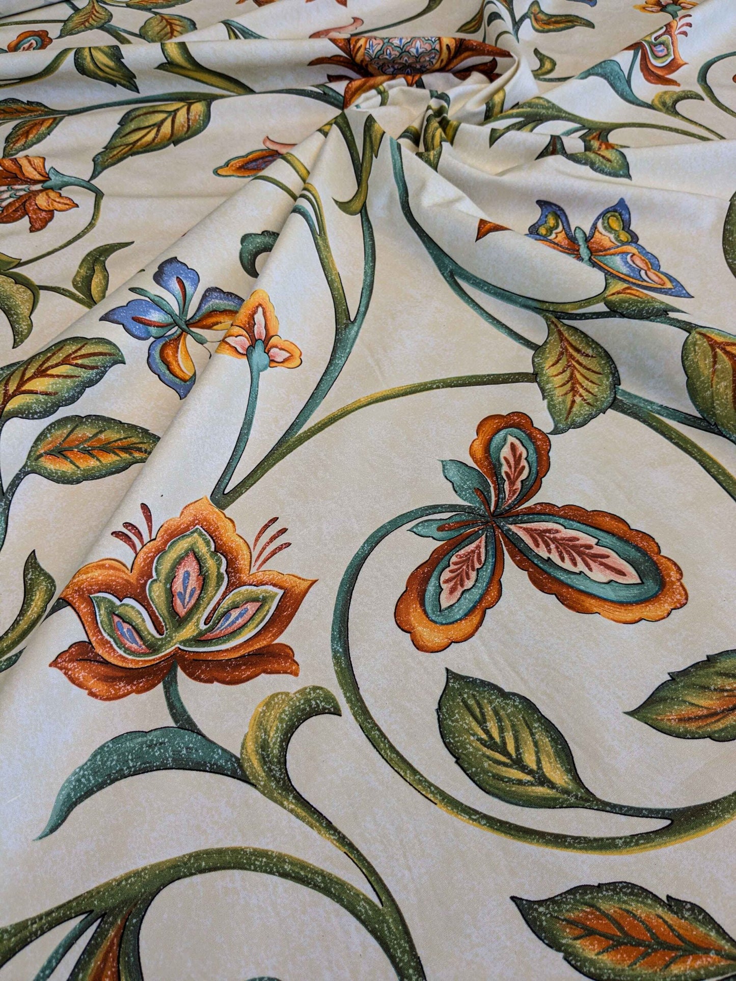 by yard Scalamandre Sanremo Botanical Floral Tree Foliage Butterfly Green Brown on White Cream