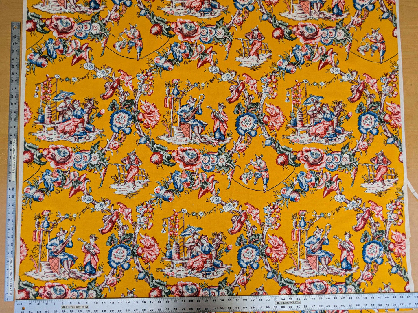 by yard Scalamandre Chinoiserie Garden Party Asian Floral Figurative Red Blue on Yellow Cotton