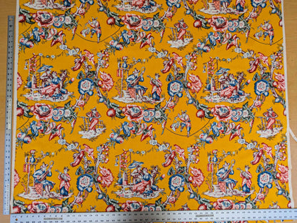 by yard Scalamandre Chinoiserie Garden Party Asian Floral Figurative Red Blue on Yellow Cotton