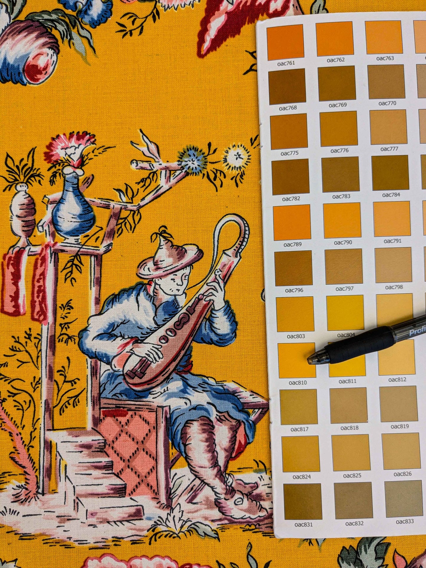 by yard Scalamandre Chinoiserie Garden Party Asian Floral Figurative Red Blue on Yellow Cotton