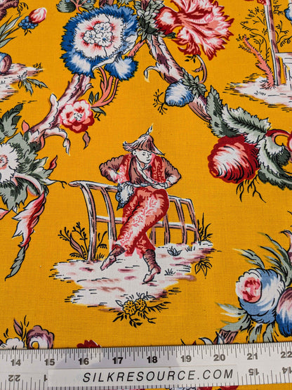 by yard Scalamandre Chinoiserie Garden Party Asian Floral Figurative Red Blue on Yellow Cotton