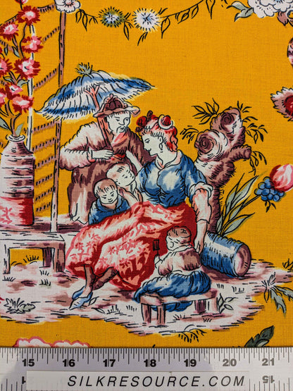 by yard Scalamandre Chinoiserie Garden Party Asian Floral Figurative Red Blue on Yellow Cotton