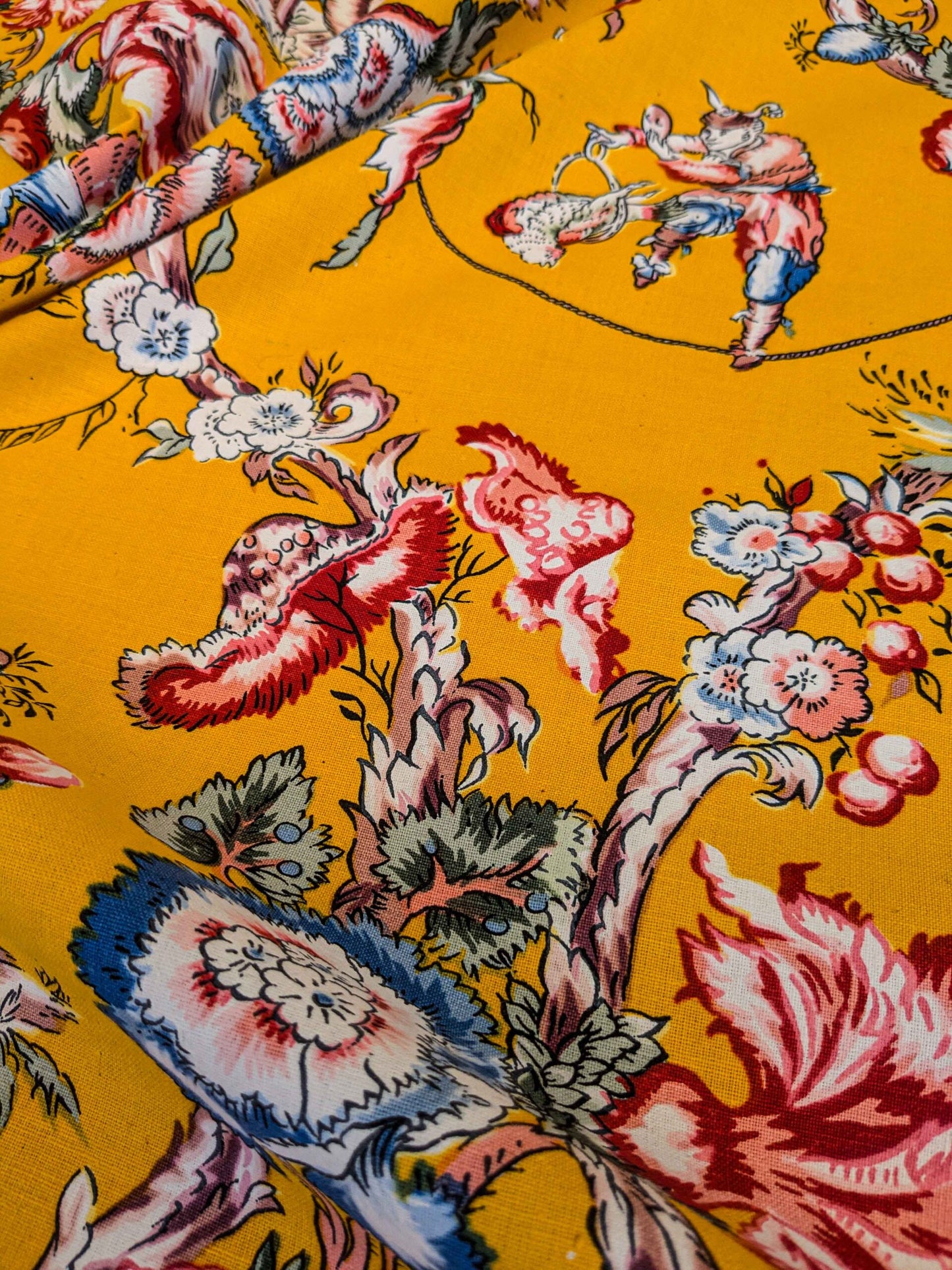 by yard Scalamandre Chinoiserie Garden Party Asian Floral Figurative Red Blue on Yellow Cotton