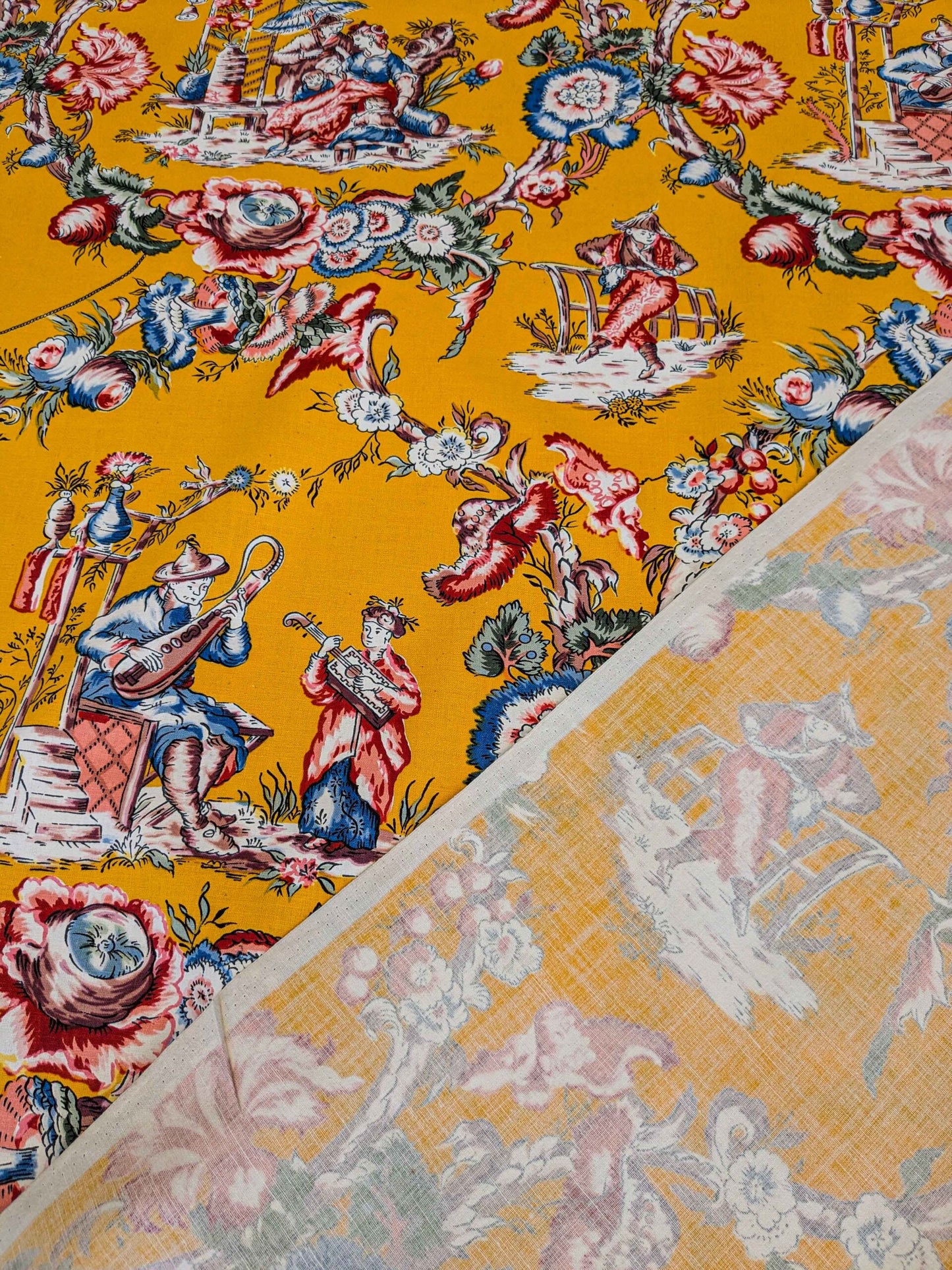 by yard Scalamandre Chinoiserie Garden Party Asian Floral Figurative Red Blue on Yellow Cotton