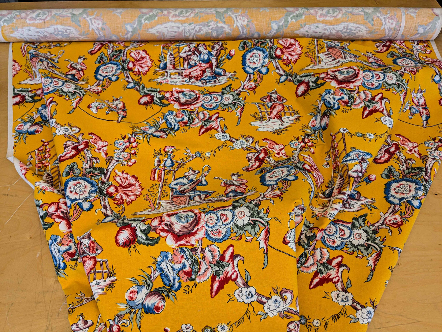 by yard Scalamandre Chinoiserie Garden Party Asian Floral Figurative Red Blue on Yellow Cotton