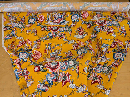 by yard Scalamandre Chinoiserie Garden Party Asian Floral Figurative Red Blue on Yellow Cotton