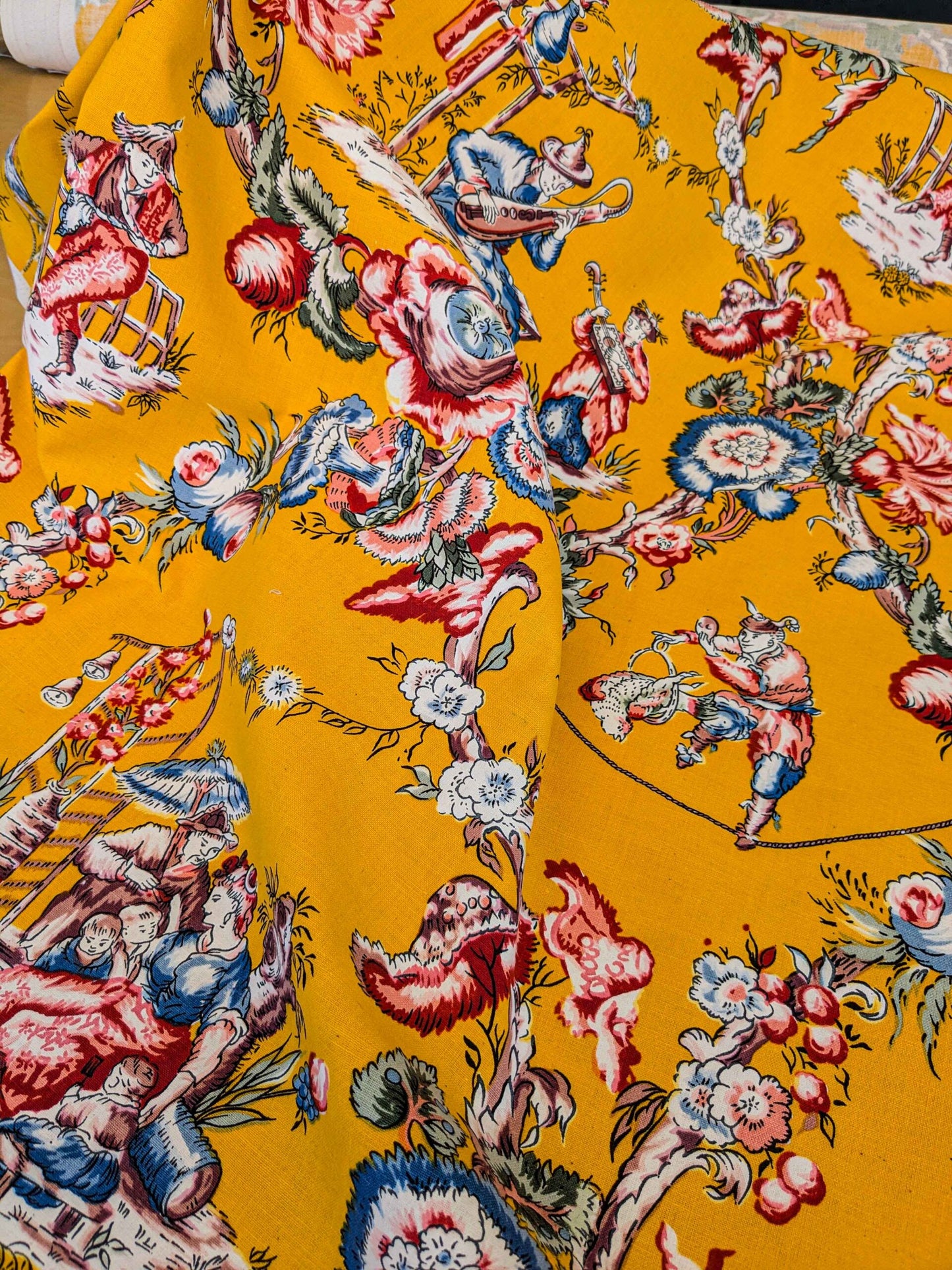 by yard Scalamandre Chinoiserie Garden Party Asian Floral Figurative Red Blue on Yellow Cotton