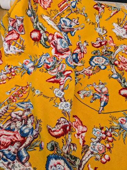 by yard Scalamandre Chinoiserie Garden Party Asian Floral Figurative Red Blue on Yellow Cotton