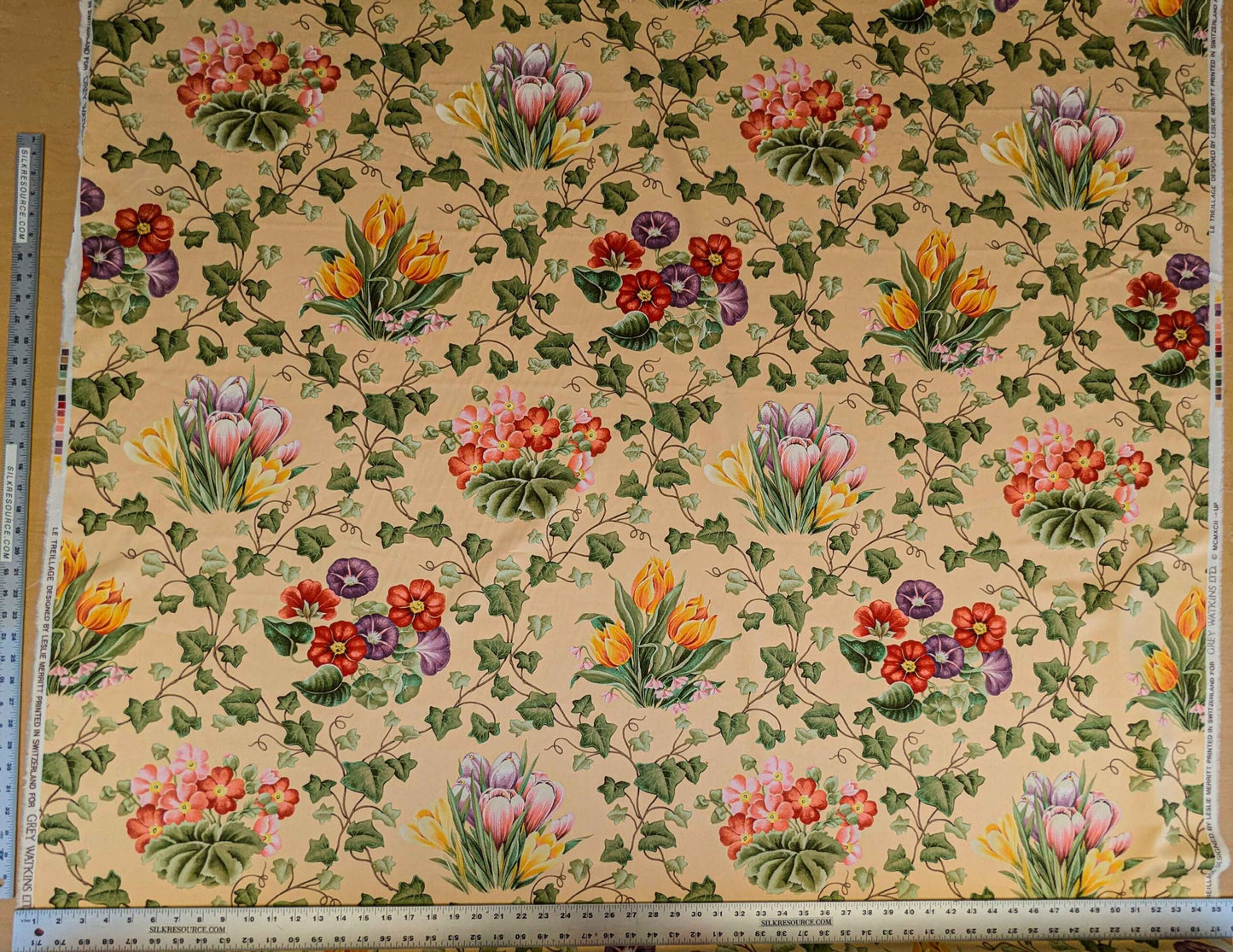 by yard Scalamandre Grey Watkins Le Treillage Butter Yellow Spring Garden Trellis Tulip Rose Crocus Boston Ivy MSRP USD 204/y