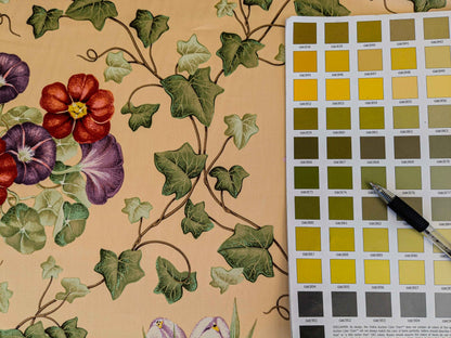 by yard Scalamandre Grey Watkins Le Treillage Butter Yellow Spring Garden Trellis Tulip Rose Crocus Boston Ivy MSRP USD 204/y