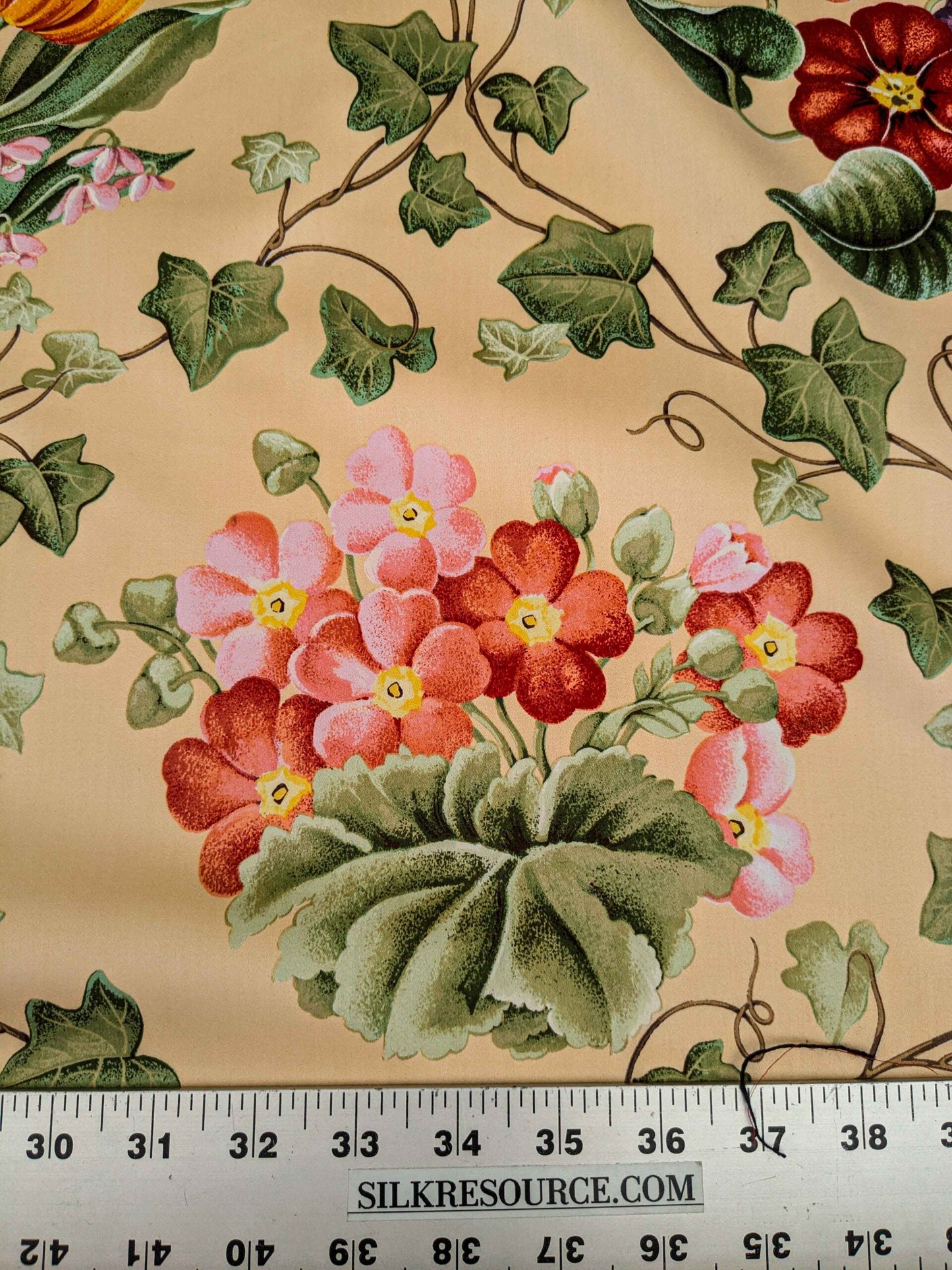 by yard Scalamandre Grey Watkins Le Treillage Butter Yellow Spring Garden Trellis Tulip Rose Crocus Boston Ivy MSRP USD 204/y