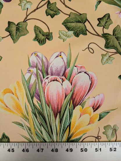 by yard Scalamandre Grey Watkins Le Treillage Butter Yellow Spring Garden Trellis Tulip Rose Crocus Boston Ivy MSRP USD 204/y