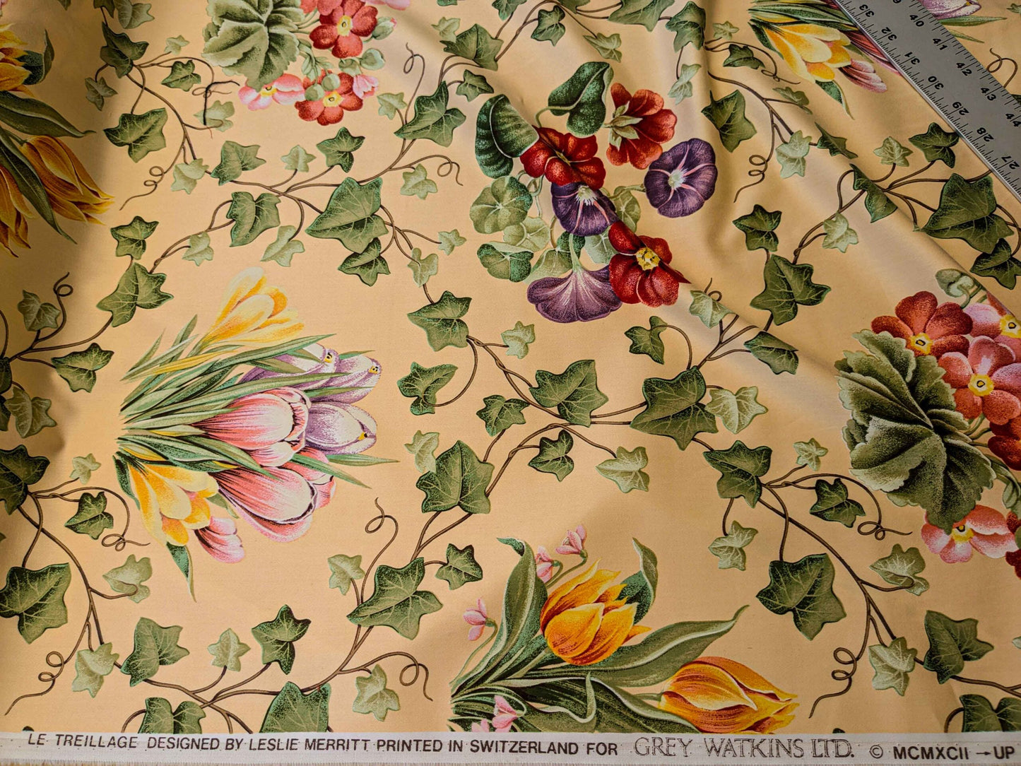 by yard Scalamandre Grey Watkins Le Treillage Butter Yellow Spring Garden Trellis Tulip Rose Crocus Boston Ivy MSRP USD 204/y