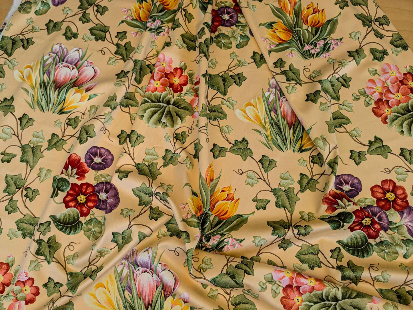 by yard Scalamandre Grey Watkins Le Treillage Butter Yellow Spring Garden Trellis Tulip Rose Crocus Boston Ivy MSRP USD 204/y