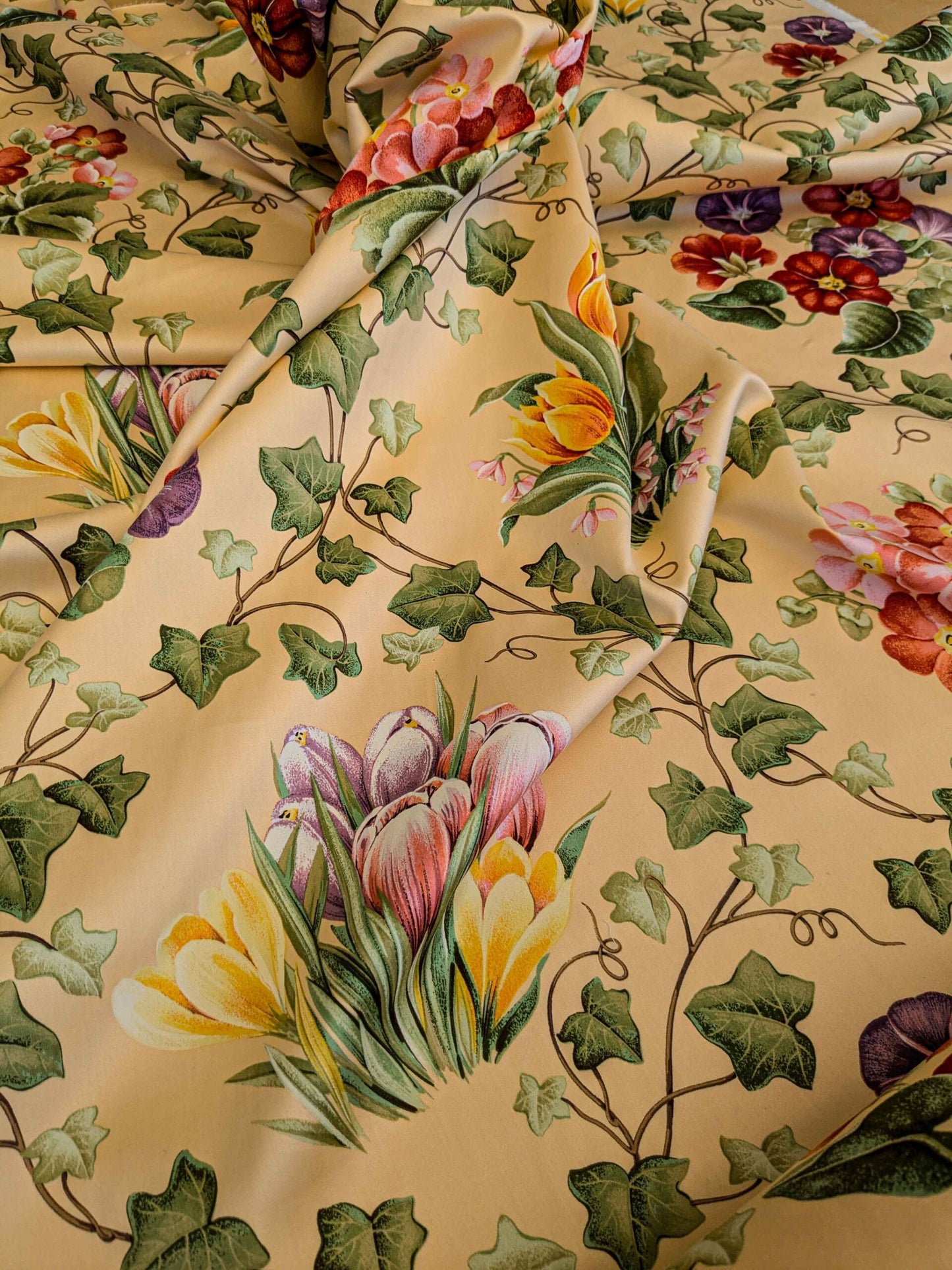 by yard Scalamandre Grey Watkins Le Treillage Butter Yellow Spring Garden Trellis Tulip Rose Crocus Boston Ivy MSRP USD 204/y