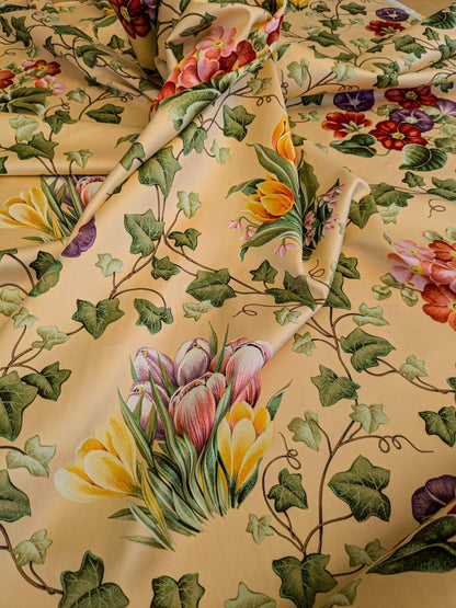 by yard Scalamandre Grey Watkins Le Treillage Butter Yellow Spring Garden Trellis Tulip Rose Crocus Boston Ivy MSRP USD 204/y