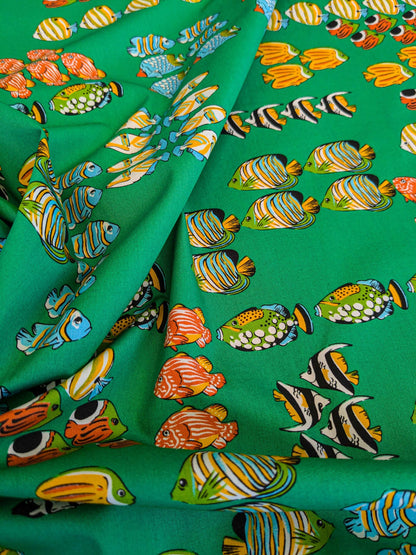 by yard Scalamandre Tropical Fish Ocean Sea Print Multi on Green Animals Cotton