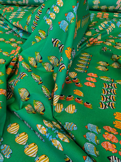 by yard Scalamandre Tropical Fish Ocean Sea Print Multi on Green Animals Cotton