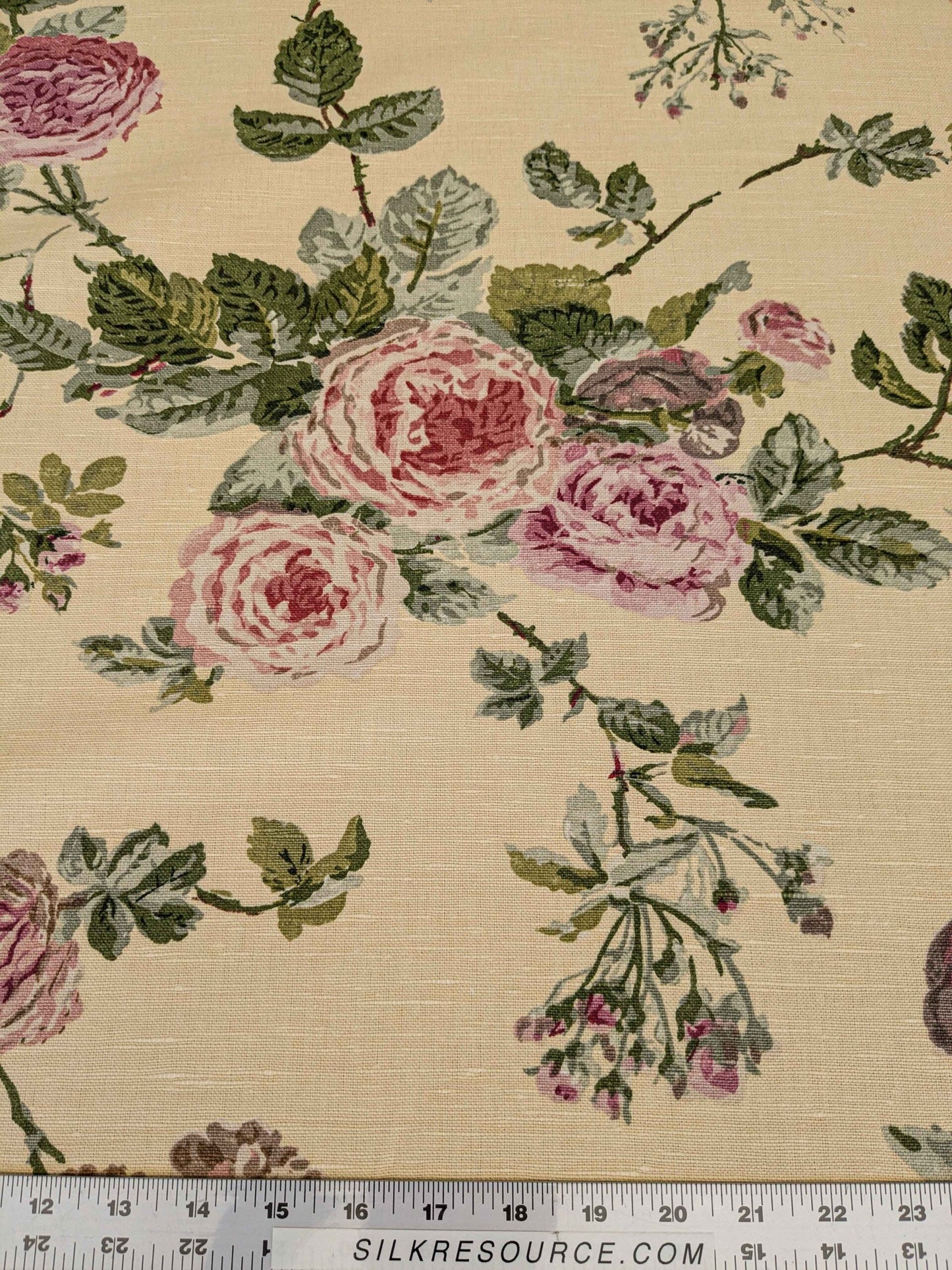 by yard Scalamandre Floral Rose Chintz Pink Red on Beige Pale Butter Yellow Botanical Large Pattern