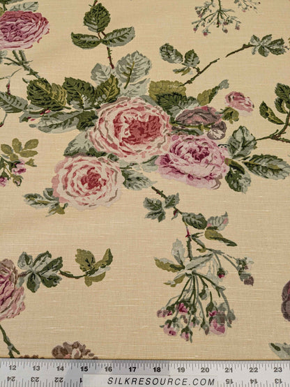 by yard Scalamandre Floral Rose Chintz Pink Red on Beige Pale Butter Yellow Botanical Large Pattern