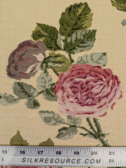 by yard Scalamandre Floral Rose Chintz Pink Red on Beige Pale Butter Yellow Botanical Large Pattern
