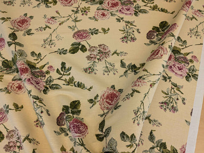 by yard Scalamandre Floral Rose Chintz Pink Red on Beige Pale Butter Yellow Botanical Large Pattern