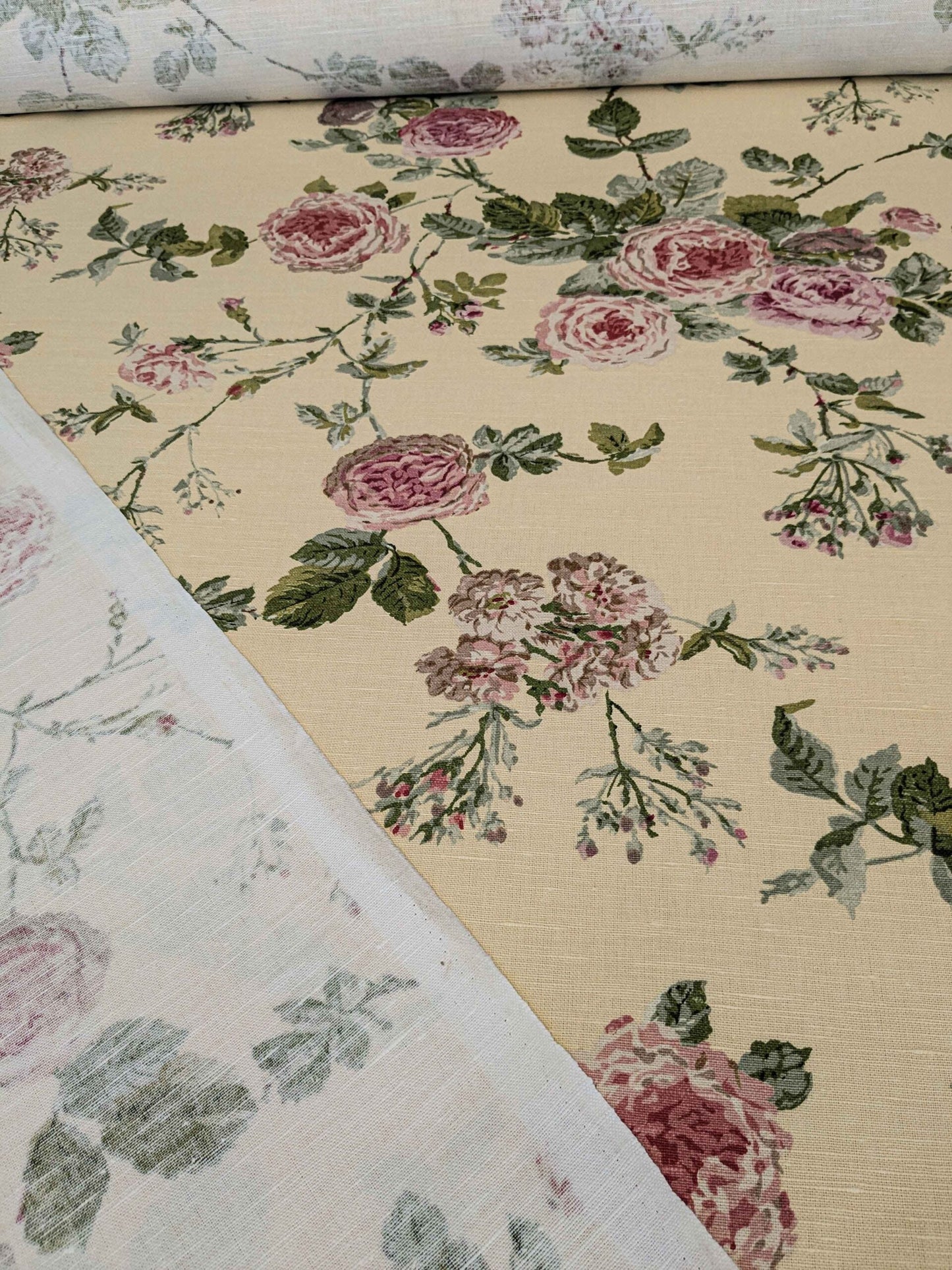 by yard Scalamandre Floral Rose Chintz Pink Red on Beige Pale Butter Yellow Botanical Large Pattern