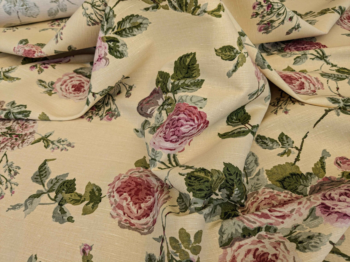 by yard Scalamandre Floral Rose Chintz Pink Red on Beige Pale Butter Yellow Botanical Large Pattern