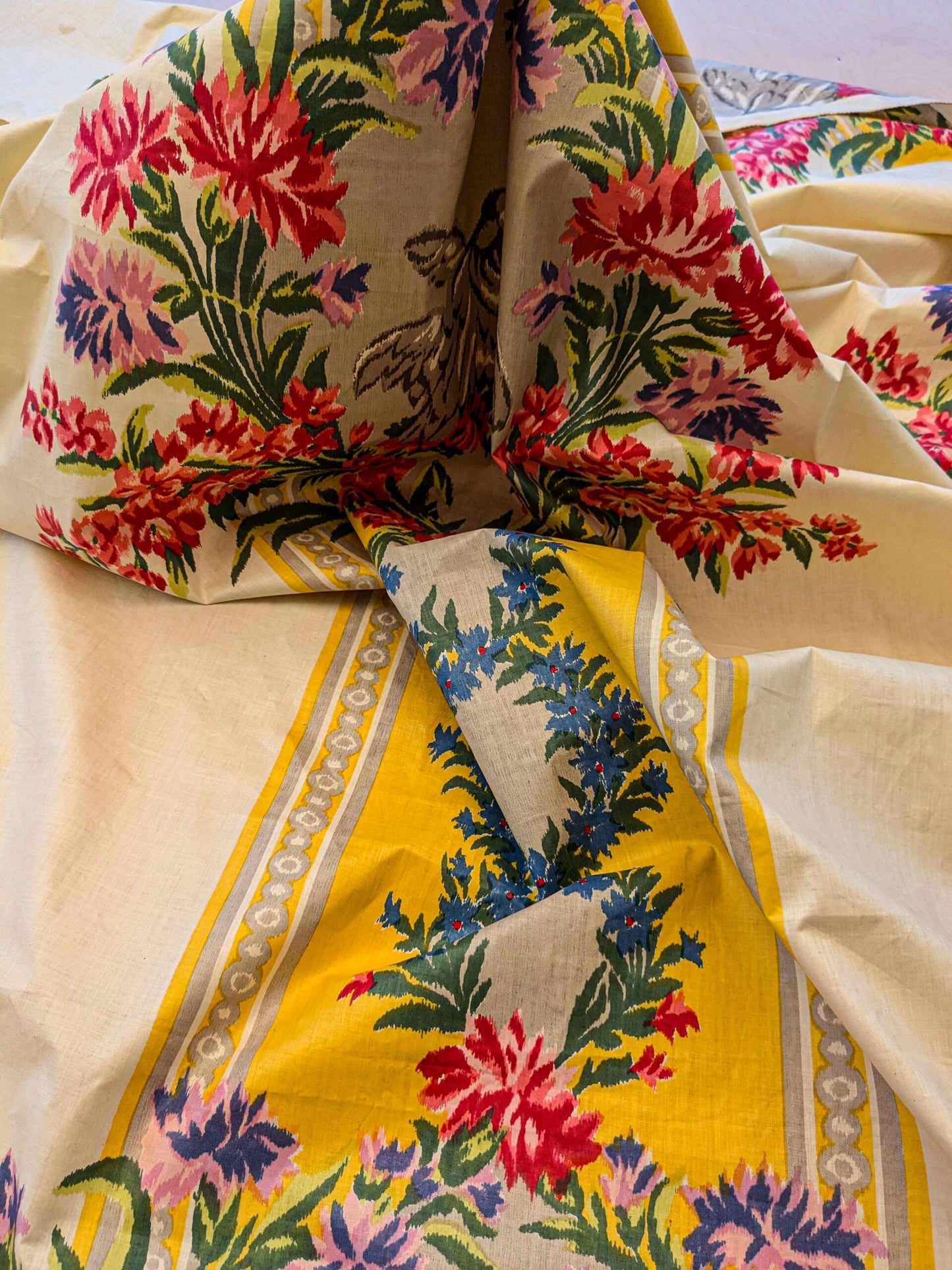 2.3y Scalamandre Nancy Chintz Creme Floral Stripe Yellow Blue Green Red White Cream