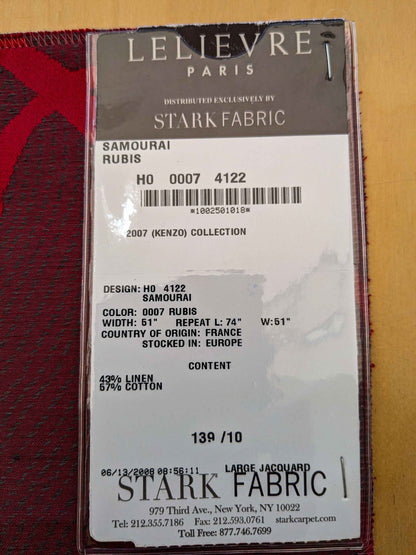 3 EV36 Lelievre Paris Samourai Rubis Red Linen Cotton Art Deco Abstract 25"x25"