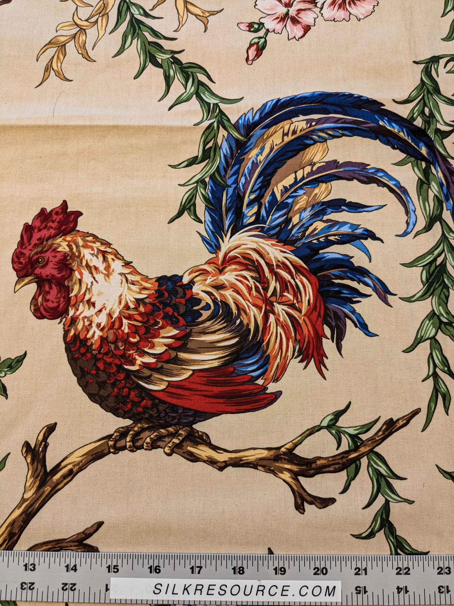 11 EV36 Scalamandre Chanticleer Beige Cotton Rooster Chicken Country Bird Animal Botanical Foliage 1.2y x 53" MSRP USD 836/y