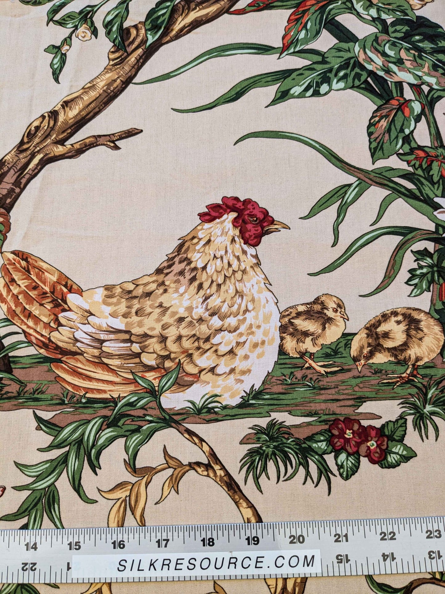 11 EV36 Scalamandre Chanticleer Beige Cotton Rooster Chicken Country Bird Animal Botanical Foliage 1.2y x 53" MSRP USD 836/y