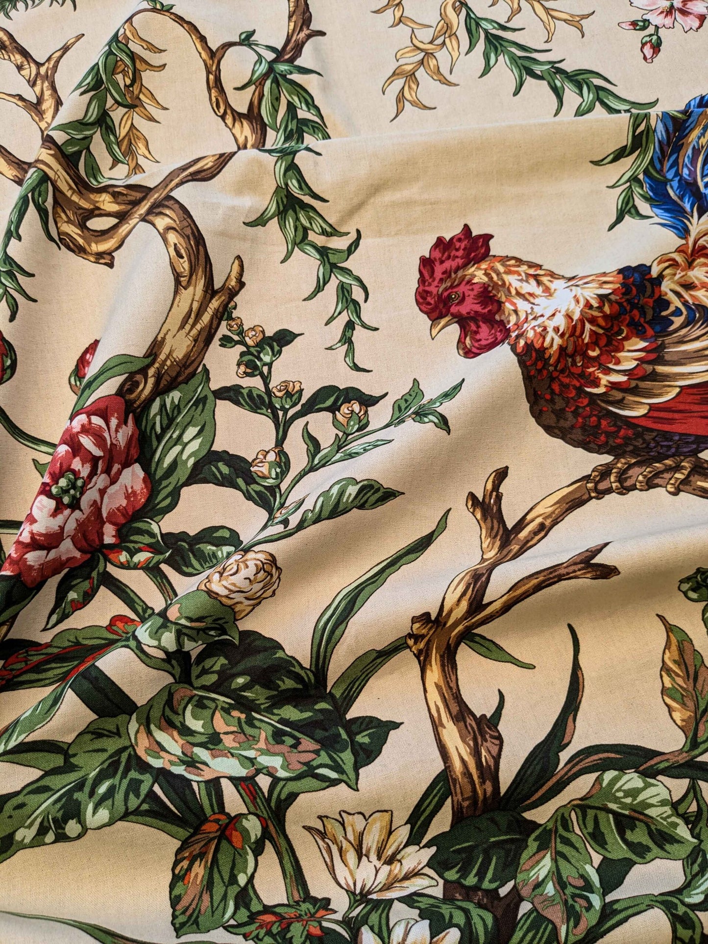 11 EV36 Scalamandre Chanticleer Beige Cotton Rooster Chicken Country Bird Animal Botanical Foliage 1.2y x 53" MSRP USD 836/y